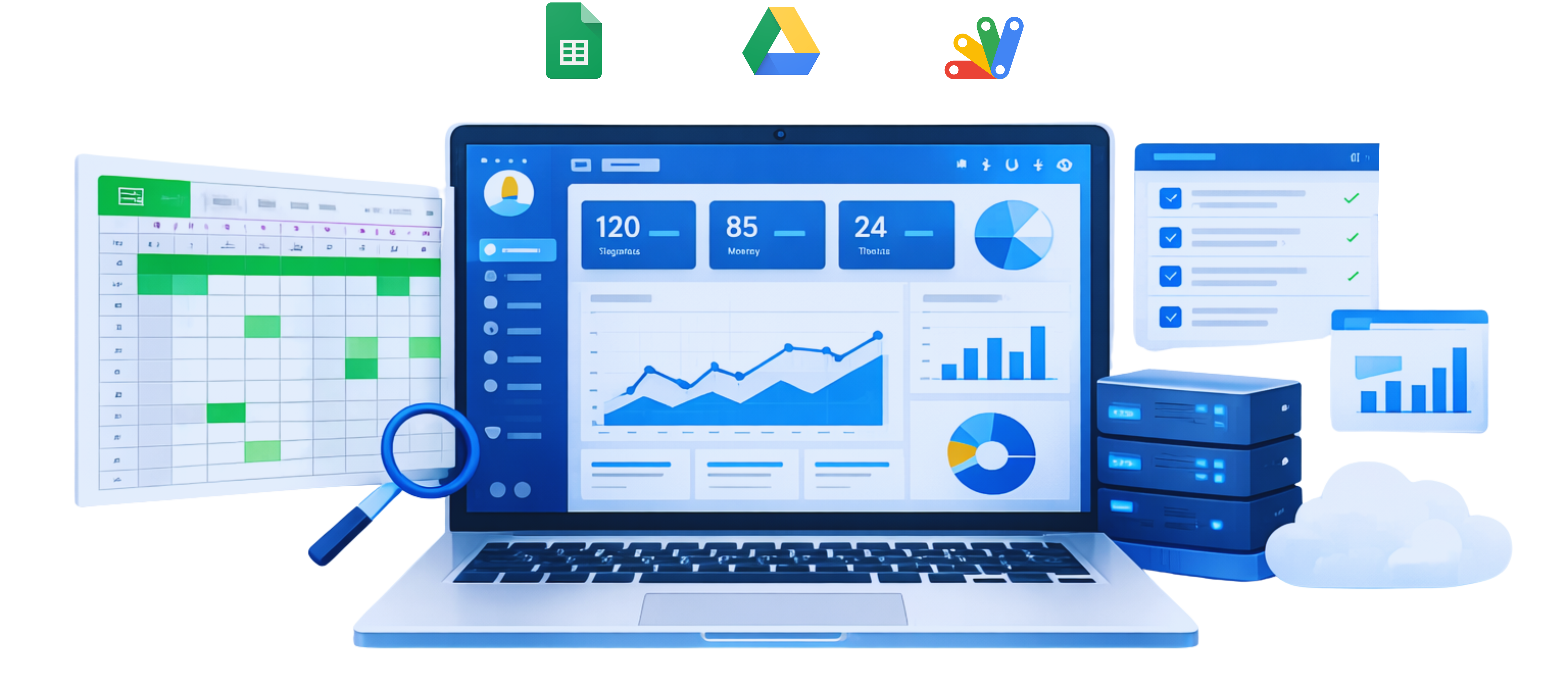 Ilustrasi sistem web app terintegrasi spreadsheet berbasis cloud dan mobile